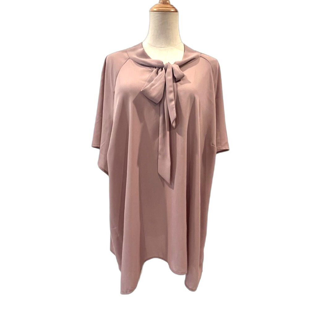 Pleione Mauve Pink Blouse Neck Tie Plus Size 3X Short Sleeves NEW NWT